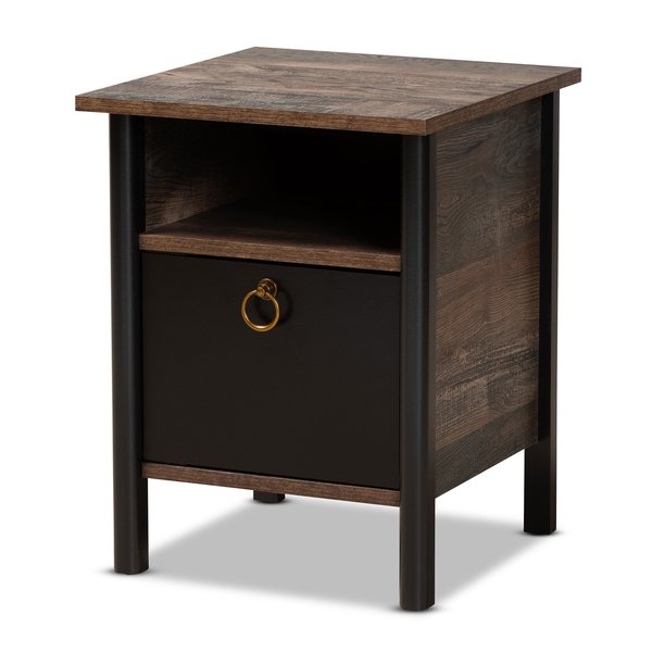 Baxton Studio Vaughan Modern and Contemporary Two-Tone Rustic Brown and Black Finished Wood Nightstand 180-11081-Zoro